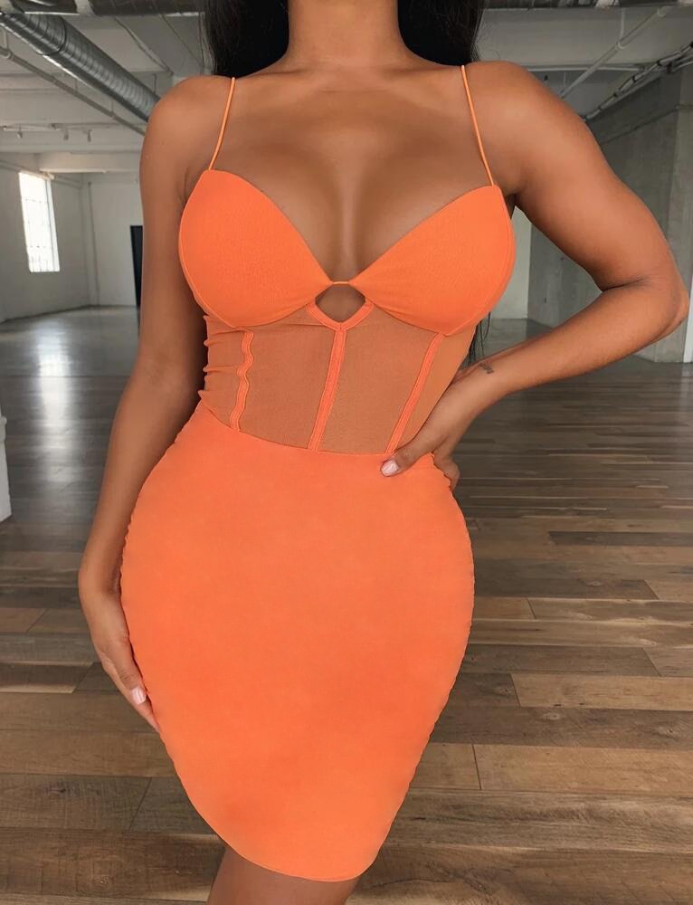 women's orange mesh mini dress