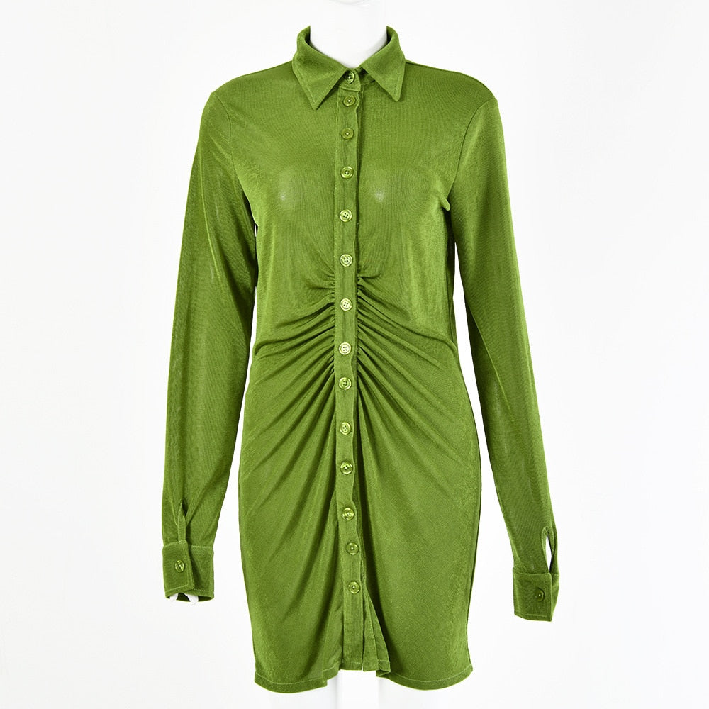 GREEN LONG SLEEVE MINI SHIRT DRESS