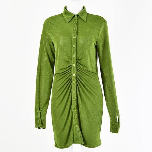 GREEN LONG SLEEVE MINI SHIRT DRESS