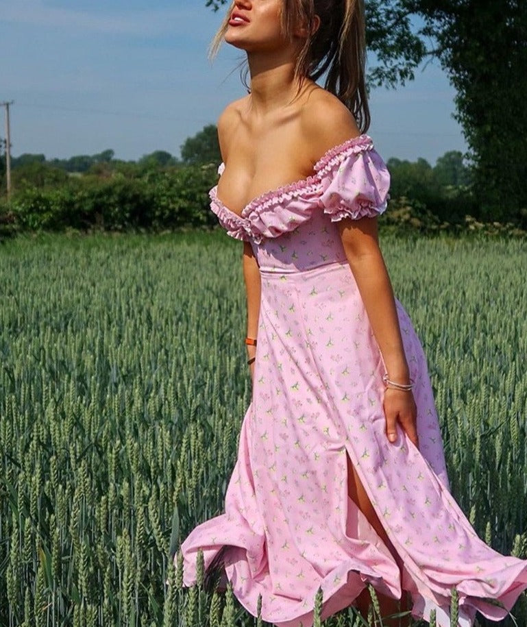 pink floral off the shoulder ruffle maxi dress