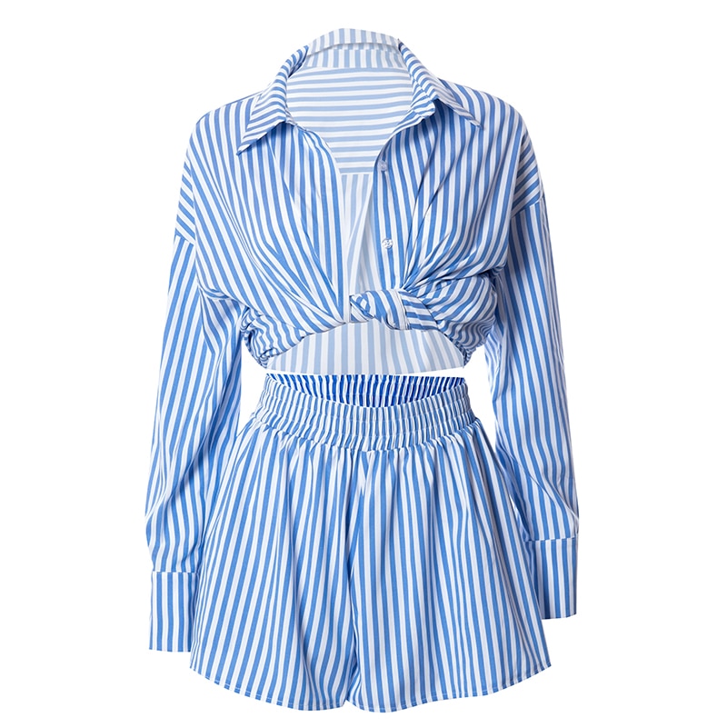 BLUE AND WHITE STRIPED COTTON SHORT SET AND TOP