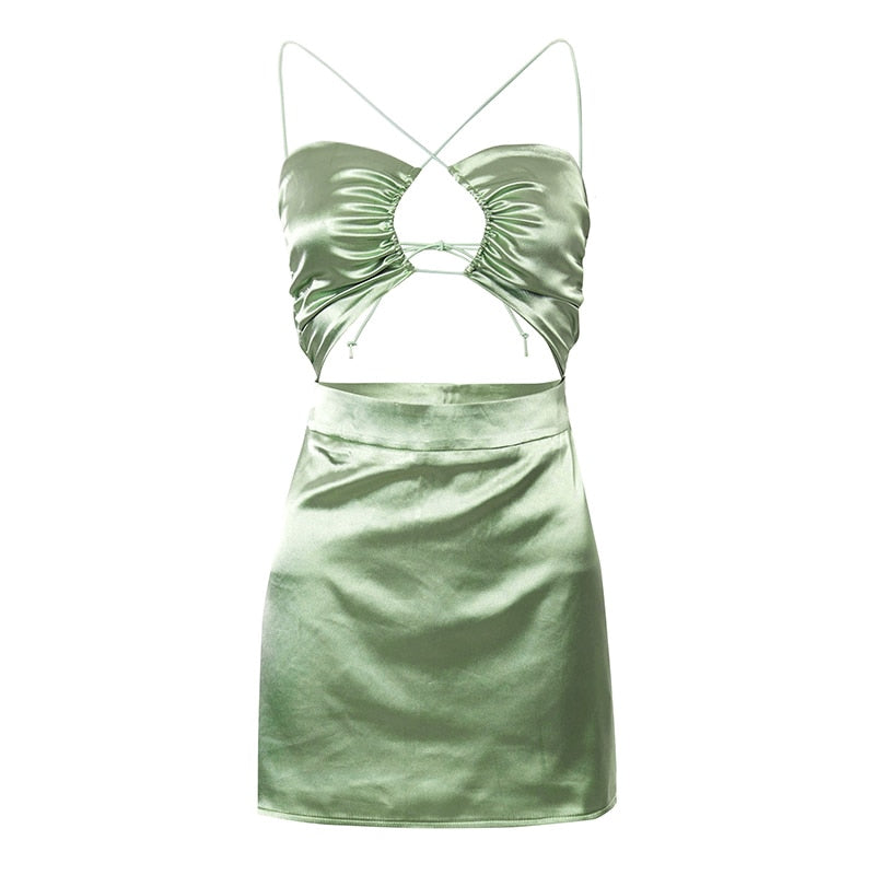 women's green satin cutout mini dress