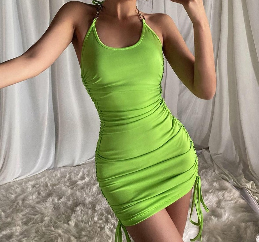 women's lime green silver chain halter mini dress