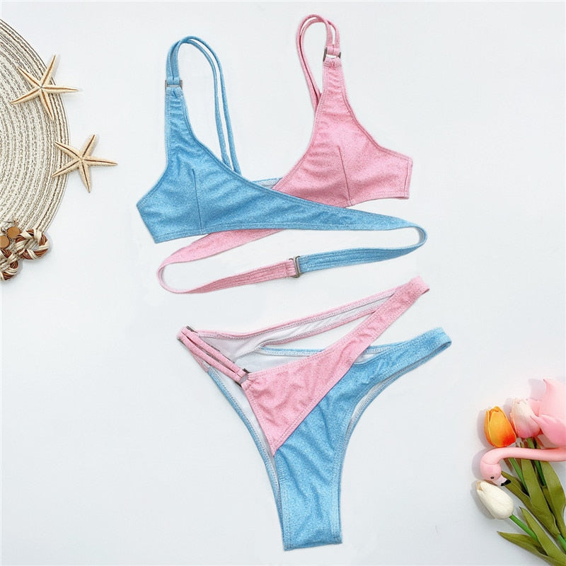 PINK AND BLUE ONE PIECE CUTOUT BATHING SUIT