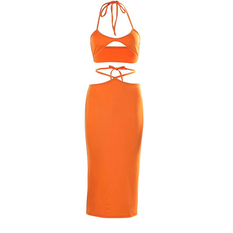orange two piece maxi skirt set and crop top