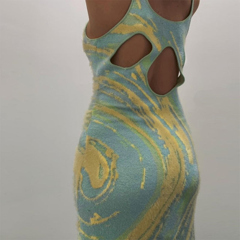 blue and yellow multi cutout maxi dress