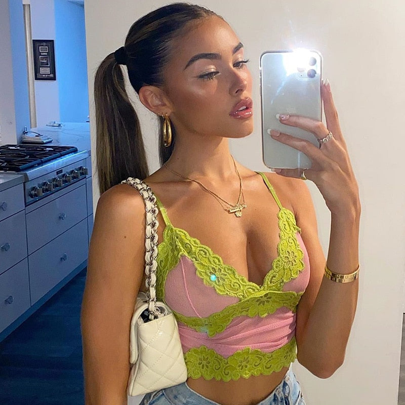 pink and green lace crop top madison beer