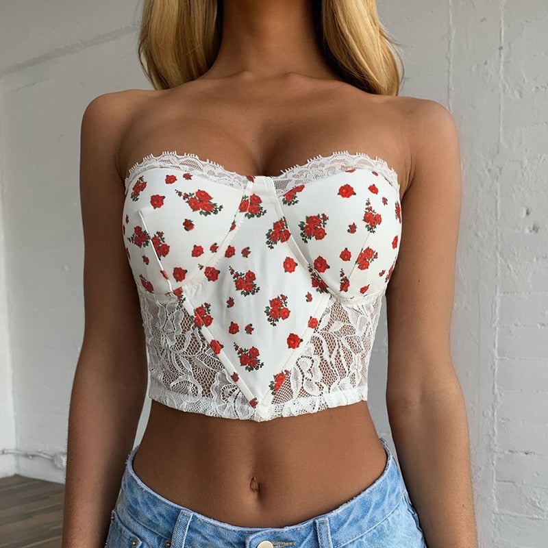 women's white lace red floral bustier corset crop top