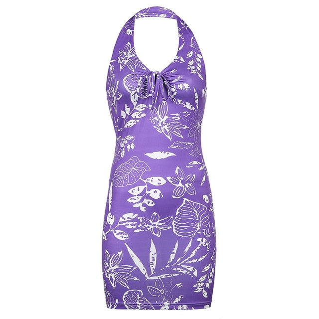 purple floral halter mini dress