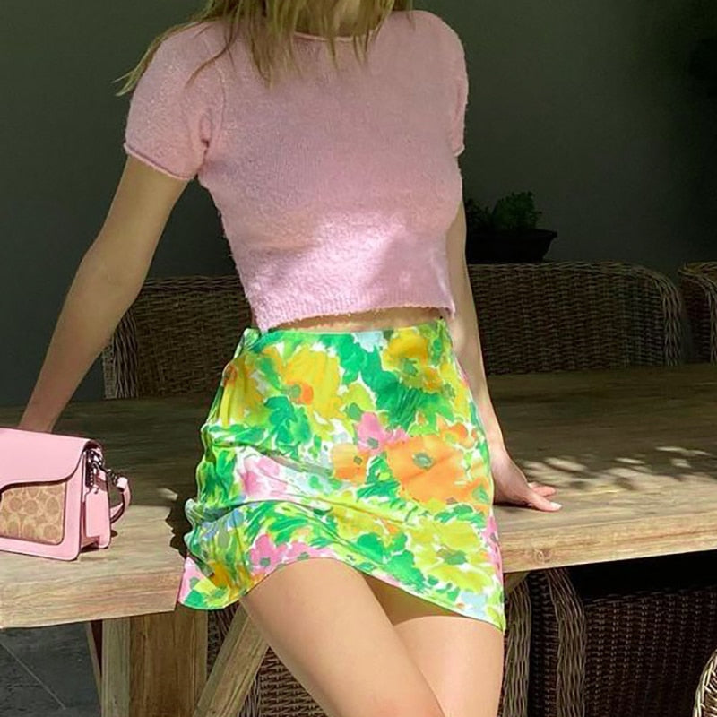 green floral printed mini skirt