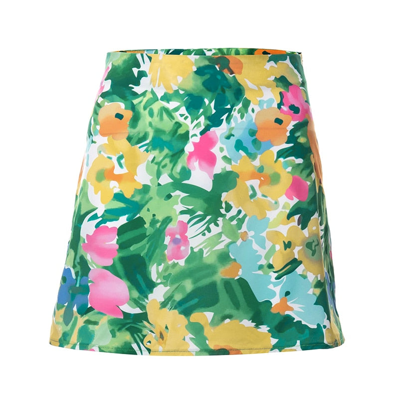 green floral printed mini skirt