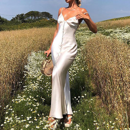 white satin maxi slip dress