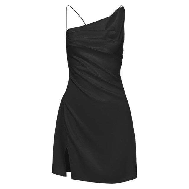 BLACK SATIN MINI SLIP DRESS