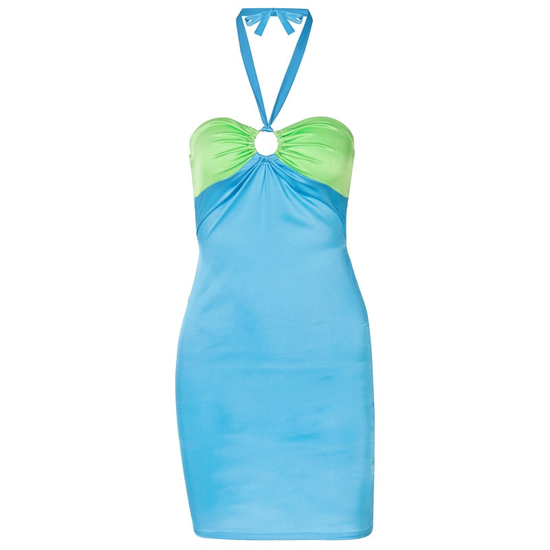 women's blue green halter mini dress