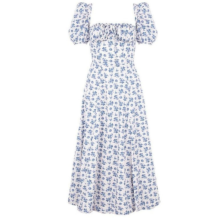 white and blue floral puff sleeve maxi dress