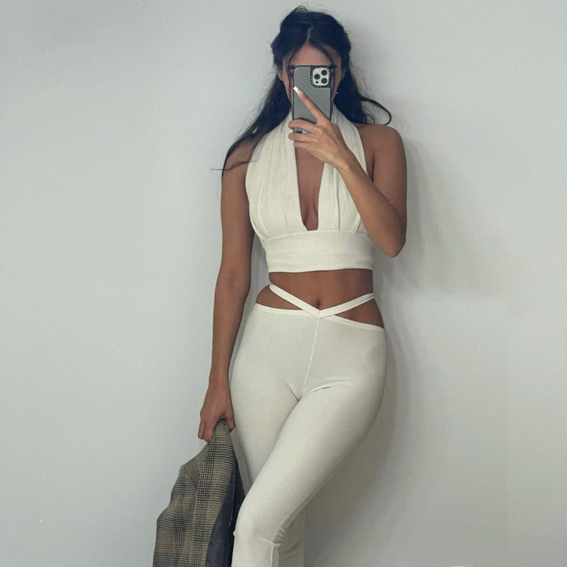 women's white ribbed two piece pant and crop top set