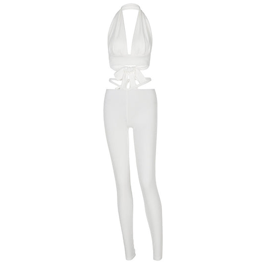 women's white ribbed two piece pant and crop top set