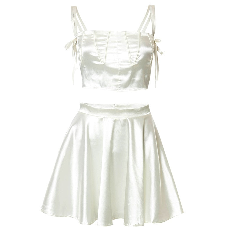 women's two piece white satin skirt set