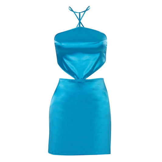 women's cutout blue satin mini dress