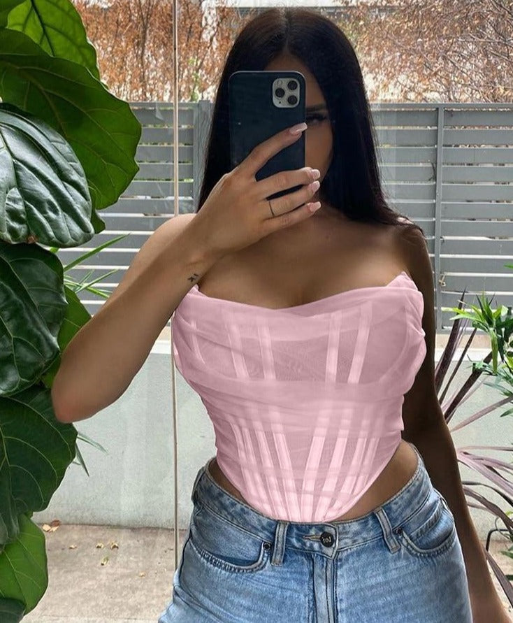 women's pink mesh corset top