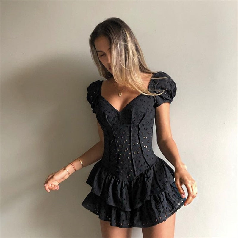 black lace puff sleeve mini ruffle dress