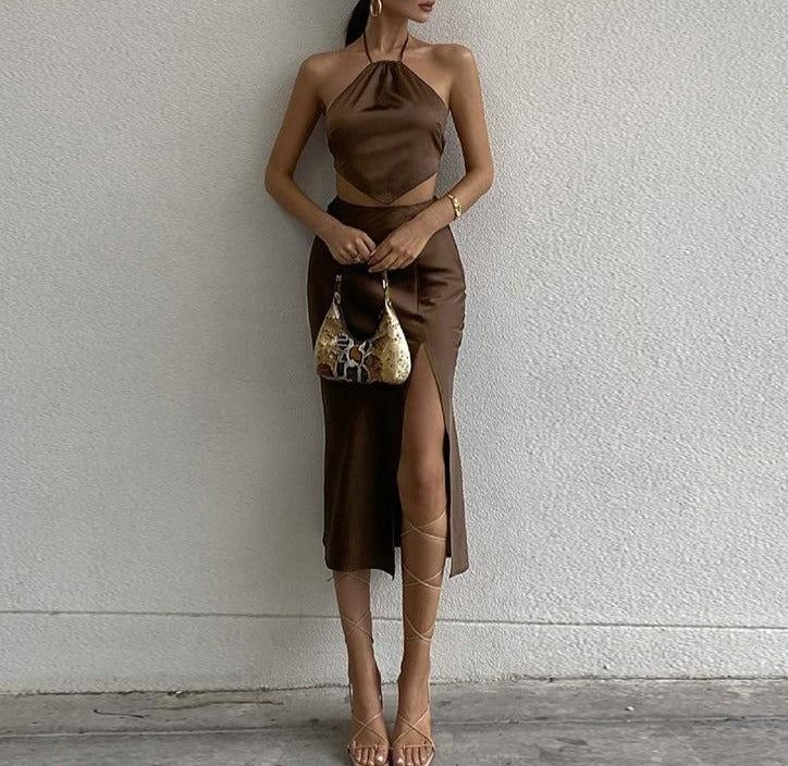 brown satin midi skirt set and crop top