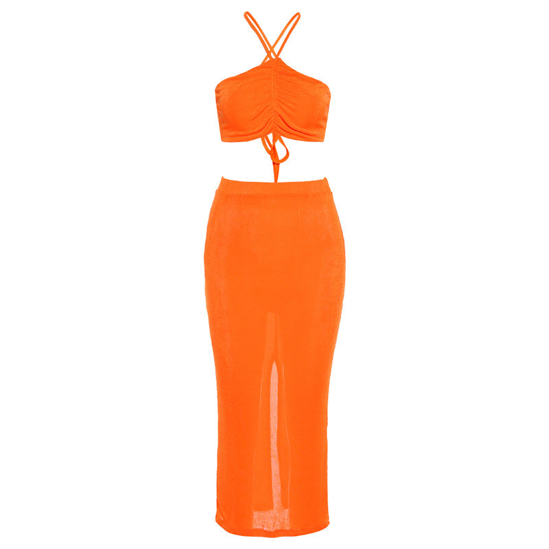 women's two piece orange maxi skirt set