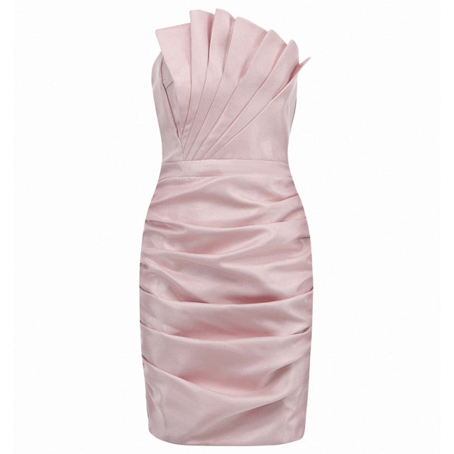 women's pink ruffle strapless party mini dress