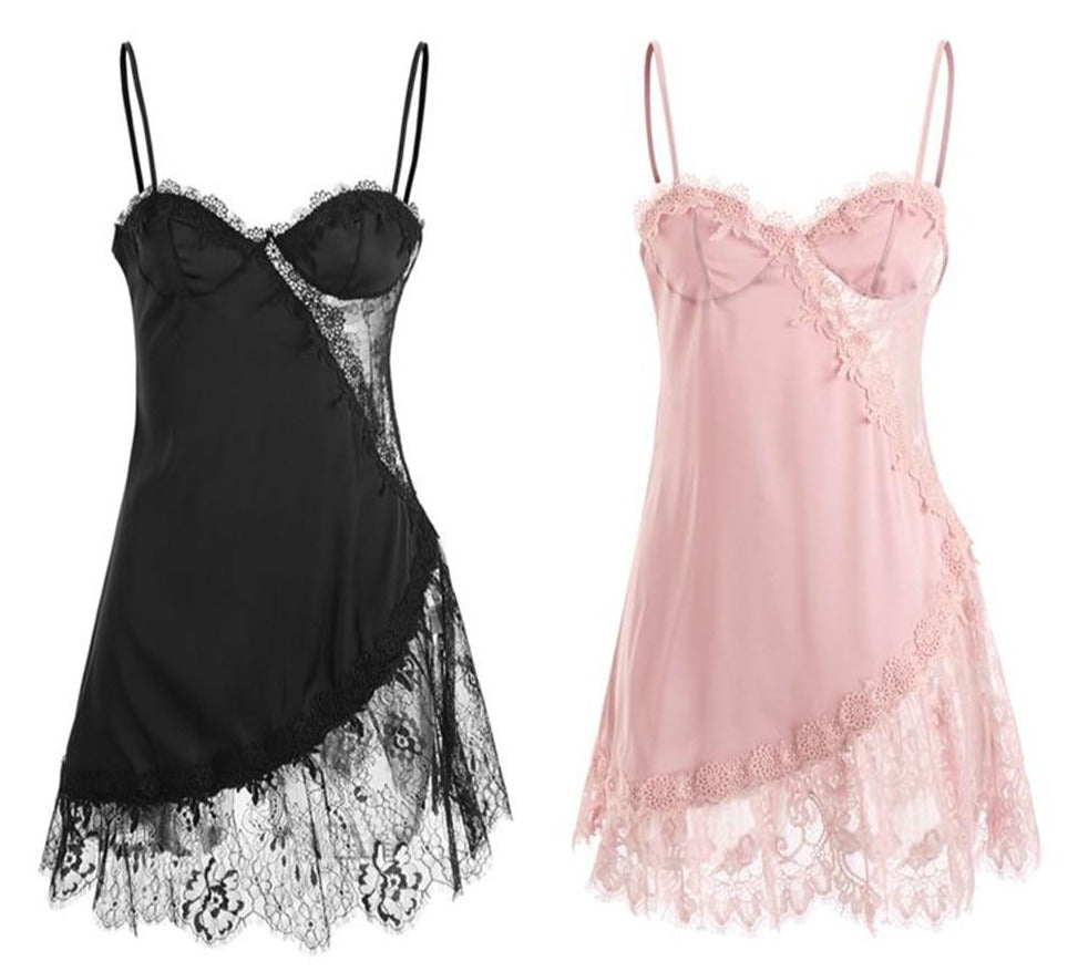 women's pink and black satin lace slip mini dress