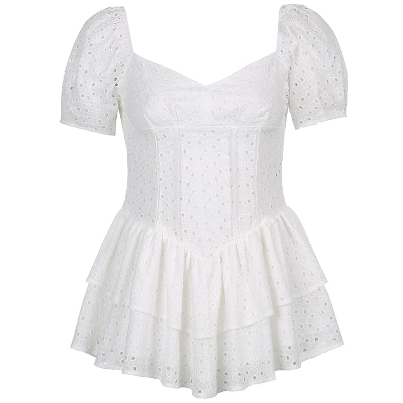white lace puff sleeve mini ruffle dress