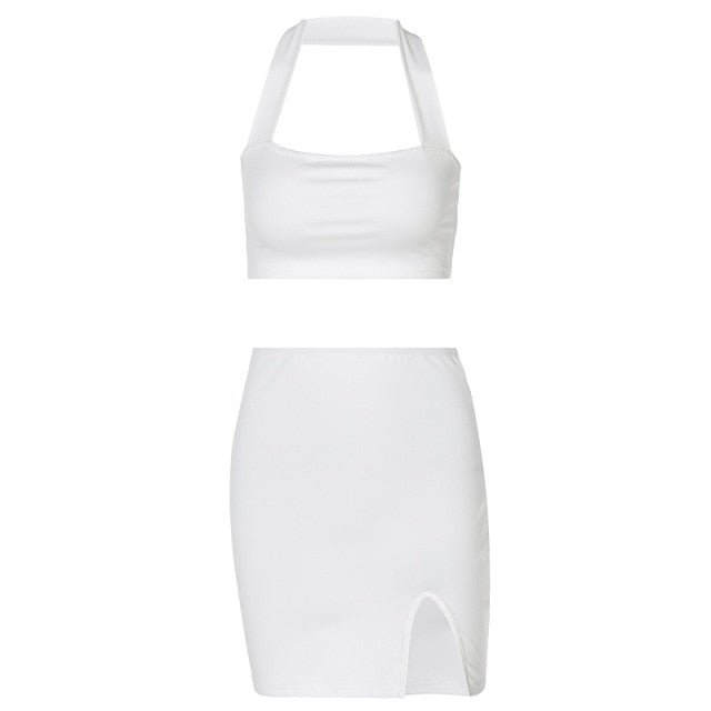 white two piece skirt set and halter top