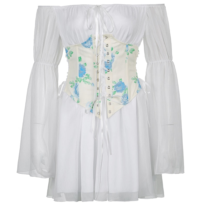 white chiffon corset mini dress