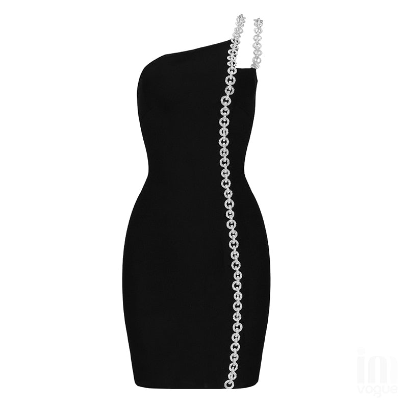 BLACK ONE SHOULDER SILVER CHAIN STRAP MINI EVENING DRESS