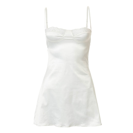 white satin lace mini slip dress