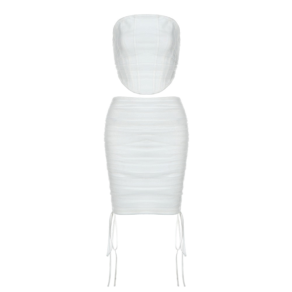 white mesh two piece mini skirt set and corset top