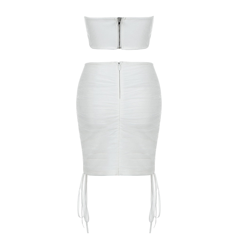 white mesh two piece mini skirt set and corset top