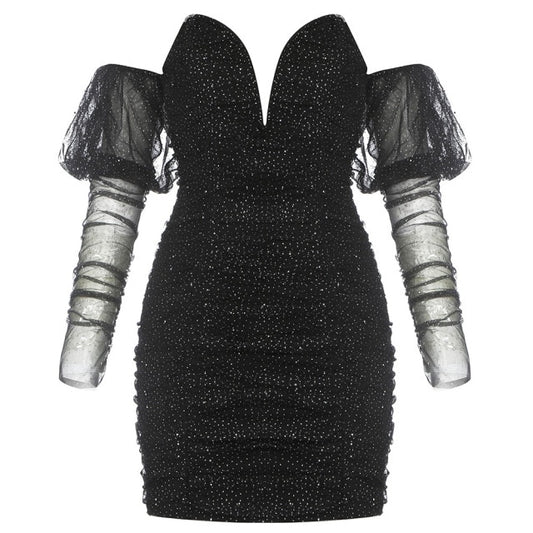women's black crystal mesh sleeve mini dress