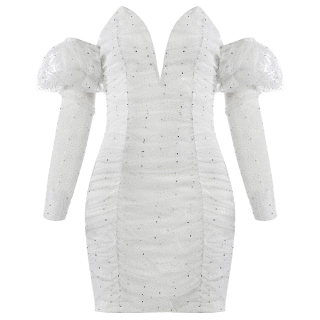 women's white crystal mesh sleeve mini dress