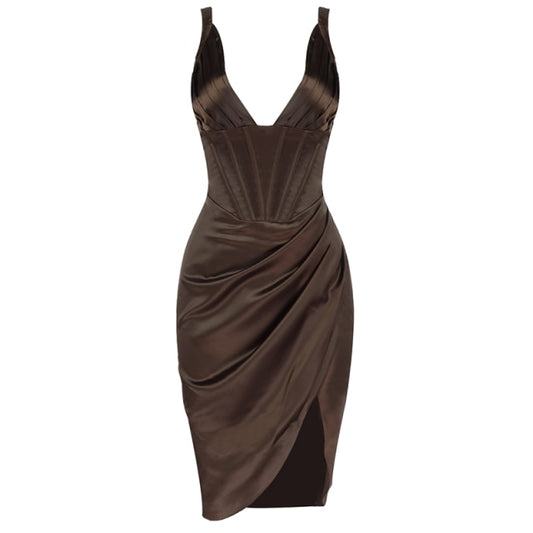 women's brown draped satin corset dress