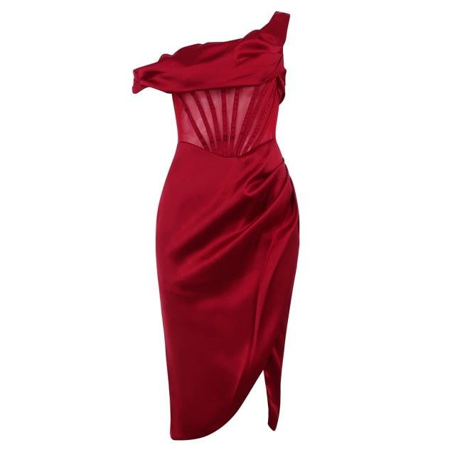 red satin off the shoulder draped corset dress
