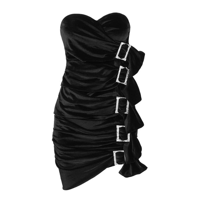 Black Velvet Crystal Buckle Mini Dress runway
