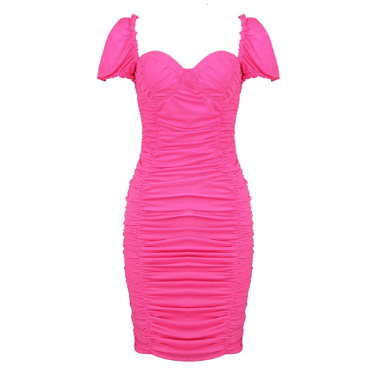 hot pink mesh puff sleeve midi dress