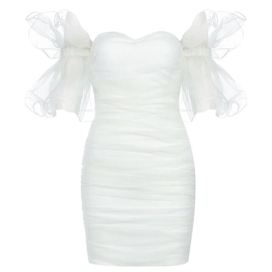 white off the shoulder puff sleeve mesh mini dress
