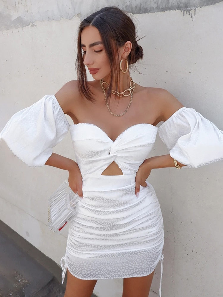 white puff sleeve cutout mini dress