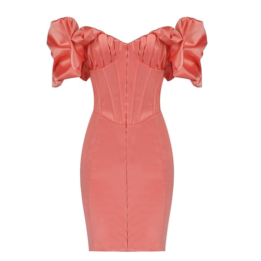 pink ruffle off the shoulder corset mini dress