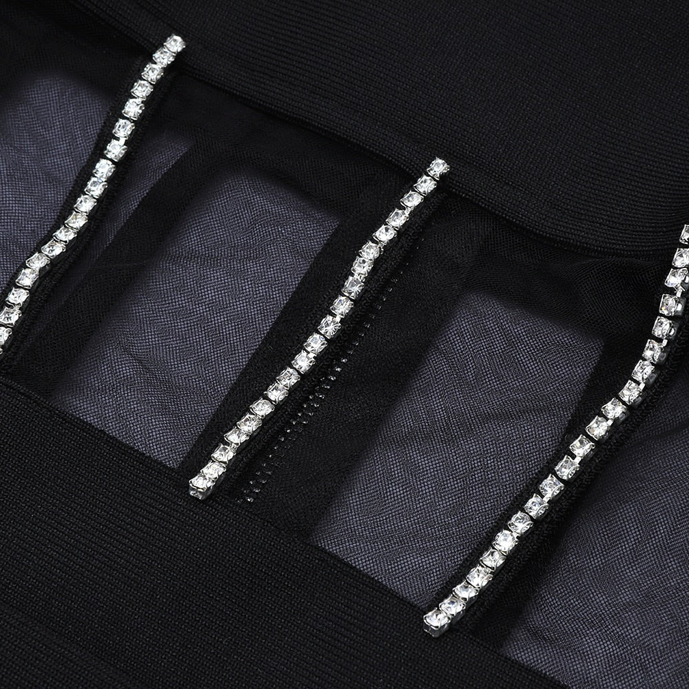Black Diamond Encrusted Mesh Party Mini Dress NYE HOLIDAY DRESSES