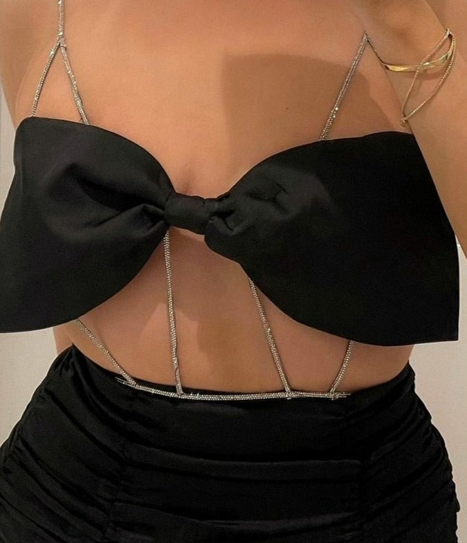 Black crystal chain bow corset crop top