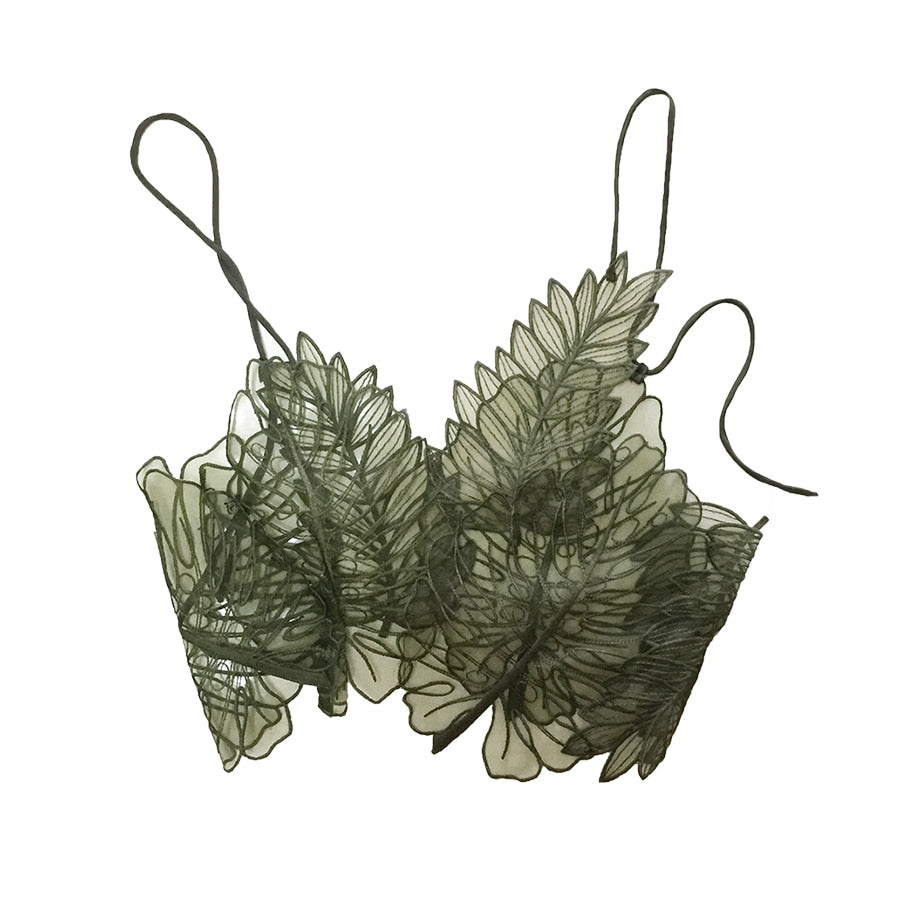 green mesh leaf bra crop top